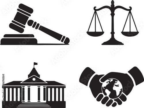 Law Icons Collection: Gavel, Scales, Courthouse, and Hands Symbolize Justice and Agreements
