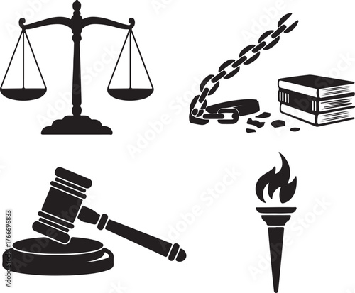 Law and Justice Collection: Scales, Chains, Gavel and Torch Represent Rule and Regulation