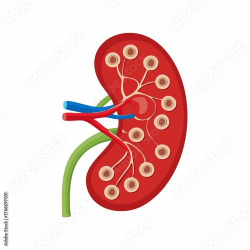Medical illustration of a human kidney with detailed anatomical structure.