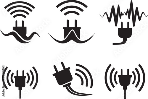 Six black electrical plug icons with signal waves and sound wave graphics on white background power plug