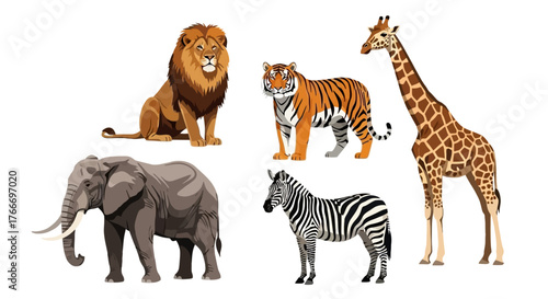 Group of safari animals including lion, tiger, giraffe, elephant and zebra standing on white background
