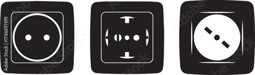 Three black and white icons of electrical sockets with rounded square backgrounds outlet plug