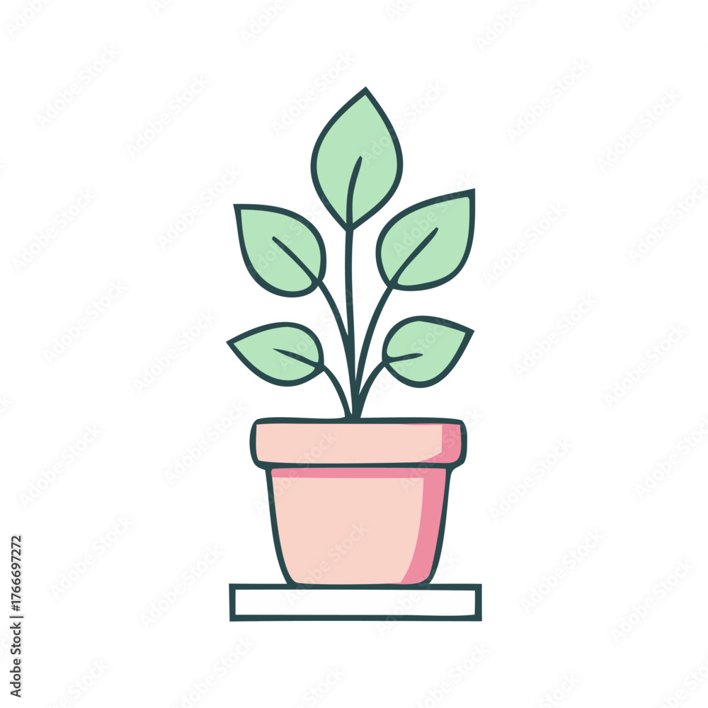 Fototapeta premium Cute Cartoon Potted Plant with Green Leaves