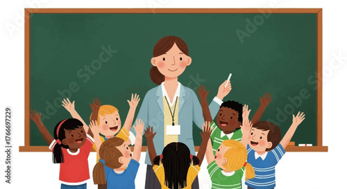 Illustration of a teacher and diverse students raising hands in a classroom with a green chalkboard and white background.