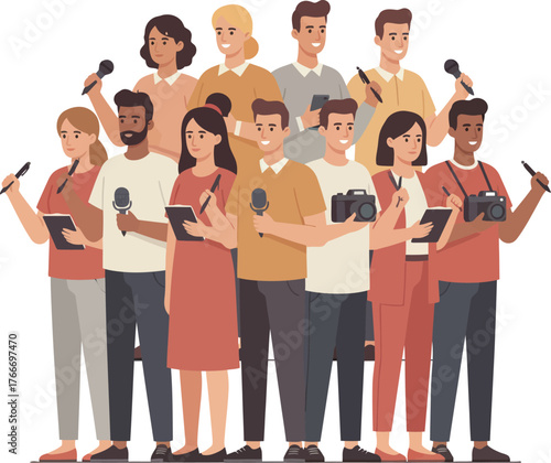 Group of reporters and journalists holding microphones and cameras.