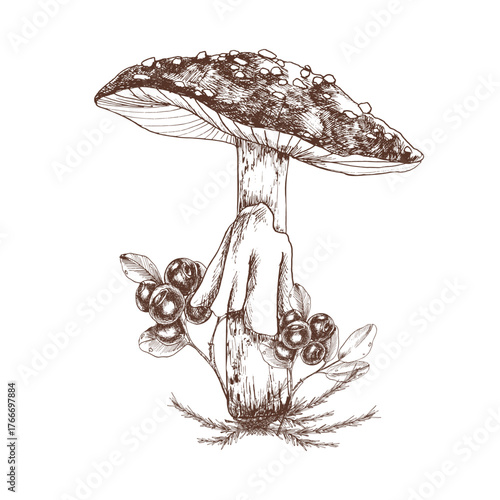 Autumn seasonal vector clipart with agaric mushroom ink graphics decorated with blueberries stem. Hand draw etching wild forest clipart ,botanical silhouette in monochrome for craft poster,card design