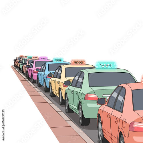A long line of colorful, modern sedans waits at the curb in a busy city, indicating a taxi service waiting for passengers