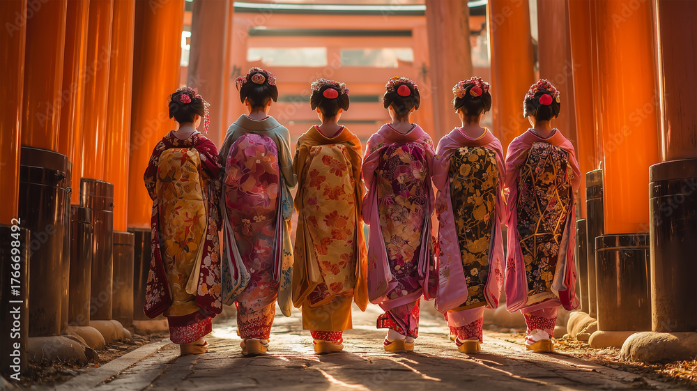 Fototapeta premium 神社の鳥居前で整列する五人の舞妓たちの場面