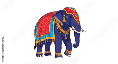 Vibrant illustration of an elephant adorned with colorful Indian-inspired decorations