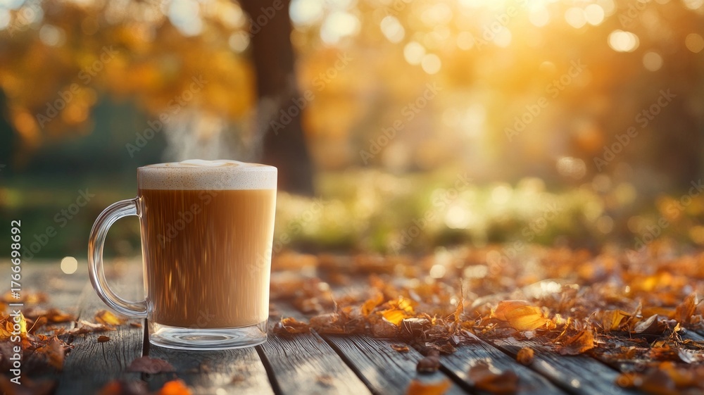 Obraz premium Coffee mug on rustic table against lush greenery. Artificial intelligence image