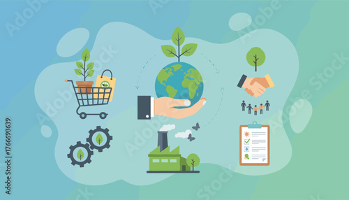 Conceptual illustration of sustainable procurement, showcasing a shopping cart with a plant and eco-friendly bag, gears representing industry, a hand holding the Earth with a seedling, a factory