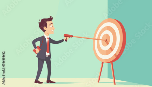Modern flat vector illustration of a businessman in a suit aiming a dart gun at a bullseye target, symbolizing business success, goal achievement, and strategic planning in a clean, minimalist style