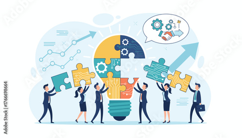 Diverse team of professionals collaborating to build a bright, innovative business idea represented by a lightbulb puzzle, symbolizing teamwork, strategy, and successful partnership with upward