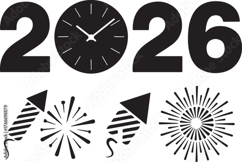 New Year 2026 Celebration Fireworks Countdown Clock Future Hope Festive Graphic