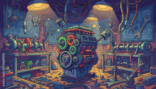 Vibrant and Colorful Car Engine Components Displayed in a Detailed Workshop Setting, Showcasing Gears, Pistons, Crankshafts, and Tools Under Warm Lighting, Illustrating Mechanical Engineering and