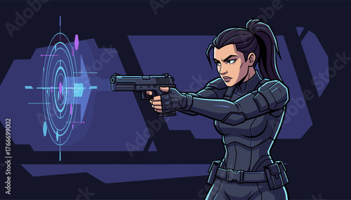 Determined female operative in tactical gear aims a handgun with precision at a futuristic holographic target display, illuminated by neon blue and purple lights, set against a dark, abstract