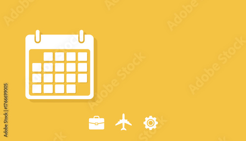 Clean white calendar icon with a briefcase, airplane, and gear symbol below, set against a vibrant solid yellow background, representing travel planning, scheduling, and business organization with a