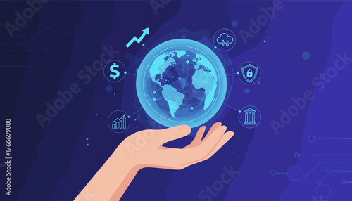 Close-up of a woman's hand cradling a glowing, interconnected digital globe, symbolizing global connectivity, technology, and the internet, surrounded by abstract circuit board patterns and business