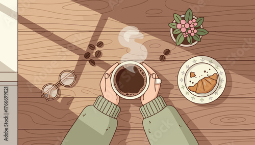 Cozy morning scene with a person holding a steaming cup of coffee, a croissant on a plate, a potted plant, and glasses on a wooden table, bathed in soft sunlight casting shadows, evoking a sense of