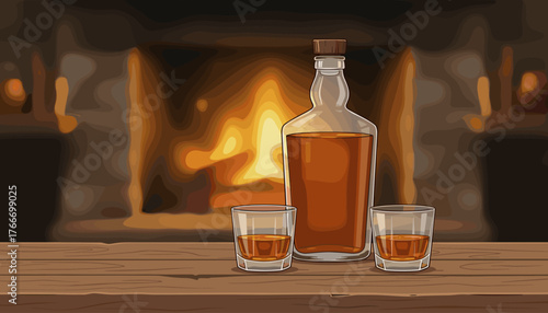 Cozy evening scene featuring a clear glass bottle filled with amber whiskey and two tumblers with the spirit, all resting on a rustic wooden table in front of a warm, glowing fireplace, evoking