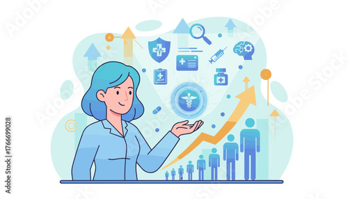 Illustrative graphic of a smiling woman with blue hair presenting a Caduceus symbol surrounded by healthcare icons like a shield, syringe, brain, and pill bottle, with rising arrow charts and