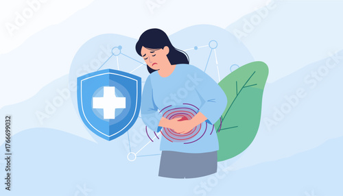 Illustration of a woman experiencing abdominal pain, holding her stomach with a pained expression, symbolizing digestive issues or internal discomfort, with a medical shield and abstract network in