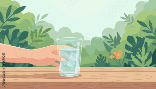 Close-up of a woman's hand gently holding a clear glass filled with refreshing, cool water and ice cubes, set against a soft-focus background of lush green foliage and vibrant orange flowers, evoking