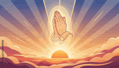 Stylized illustration of praying hands bathed in golden light from a rising or setting sun, symbolizing hope, faith, and divine blessing, set against a dramatic sky with radiating sunbeams and soft