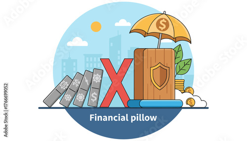 Conceptual illustration of a financial pillow, symbolizing security and protection against economic downturns, with a wooden block stopping a domino effect of falling coins and gears, under an
