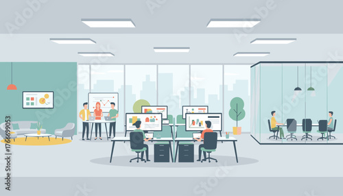Modern flat vector cartoon illustration of a contemporary office interior, featuring collaborative workspaces, meeting rooms with glass walls, and a comfortable lounge area, depicting a dynamic
