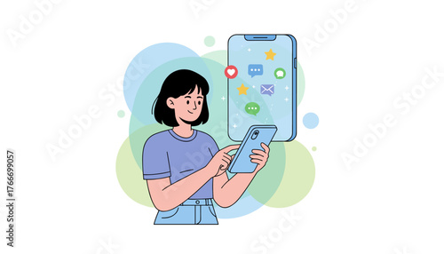A young woman with short black hair, wearing a blue t-shirt and denim shorts, is engrossed in her smartphone, interacting with social media icons like hearts, chat bubbles, and stars floating around