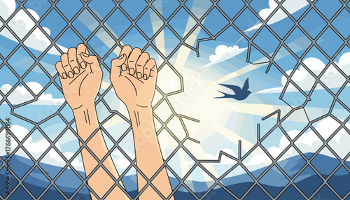 Symbolic illustration of a woman's hands desperately gripping a broken chain-link fence, reaching for freedom as a bird soars into the bright, sunlit sky, representing hope, escape, and liberation