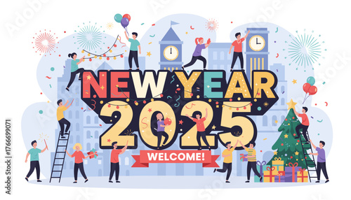 Vibrant illustration of diverse people joyfully celebrating the arrival of New Year 2025 with fireworks, balloons, festive lights, and a decorated Christmas tree, set against a cityscape with a