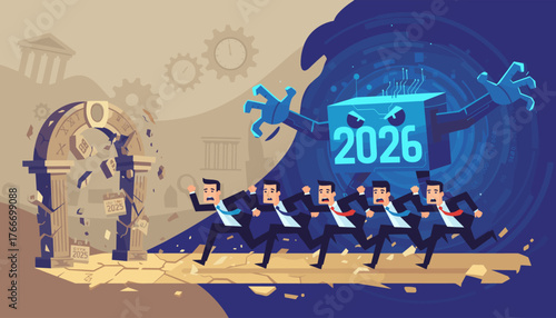 A group of businessmen in suits are running away in fear from a giant, menacing robot labeled '2026' that is emerging from a digital wave, symbolizing the overwhelming threat of future technology and
