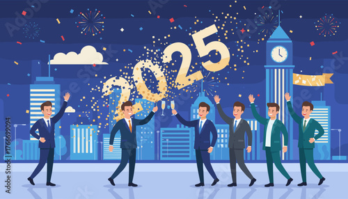 A diverse group of businessmen in suits joyfully celebrates the arrival of the new year 2025 with champagne toasts and confetti amidst a vibrant cityscape with fireworks and iconic buildings