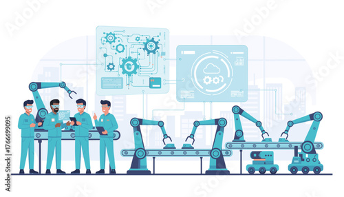 Modern factory production line featuring robotic arms and automated systems overseen by a team of engineers, showcasing advanced technology, industry 4.0, and smart manufacturing concepts with