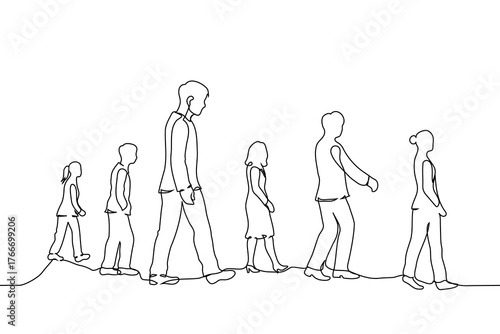 group of men and women walking in the same direction at varying distances from each other - one line art vector. New generation, generational shift in the workforce, pedestrians