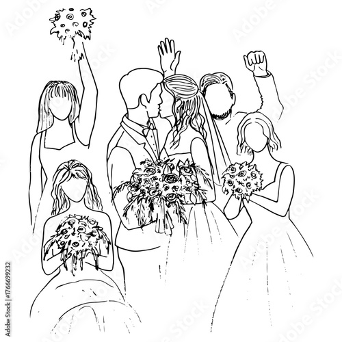 bride and groom kiss against backdrop best man, and bridesmaids posing for a photo and celebrating – faceless portrait. Hand drawn realistic doodle