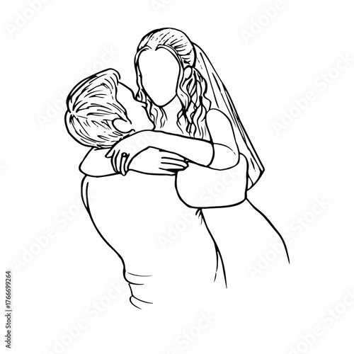 Groom holding bride, man lifting woman - faceless portrait. Hand drawn realistic doodle