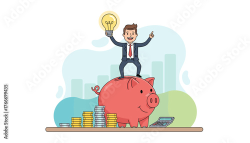 Dynamic illustration of a smiling businessman in a suit standing atop a large pink piggy bank, holding a glowing lightbulb, symbolizing innovation and financial success, with stacks of coins and a