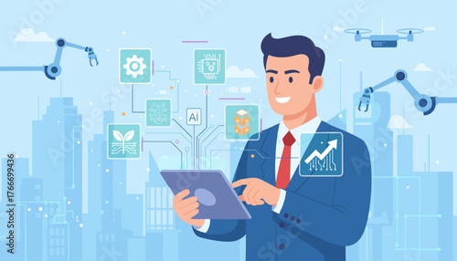 A smiling businessman in a suit interacts with a futuristic AI interface on a tablet, surrounded by robotic arms, a drone, and digital icons representing technology, growth, and industry, set against