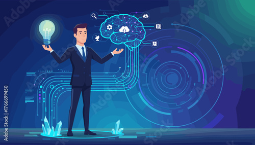 Innovative businessman holding a glowing light bulb and presenting a digital brain network with interconnected nodes, symbolizing artificial intelligence, technology, and bright ideas in a futuristic