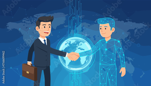 Diverse business partners, one human and one AI, shake hands in a global digital partnership, symbolizing technological collaboration and future innovation against a backdrop of a world map and