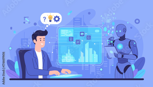 Modern illustration of a man interacting with an AI chatbot on a futuristic interface, showcasing collaboration between humans and artificial intelligence in a digital cityscape, symbolizing