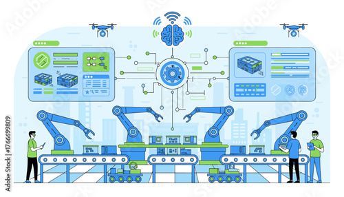 Modern digital manufacturing operation in an Industry 4.0 smart factory setting, showcasing robotic arms, automated assembly lines, drones, and human operators overseeing the process with tablets