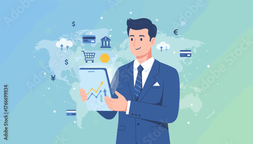 Digital online payment concept, a businessman in a blue suit holds a tablet displaying a financial chart with upward trends, surrounded by icons representing global finance, banking, credit cards
