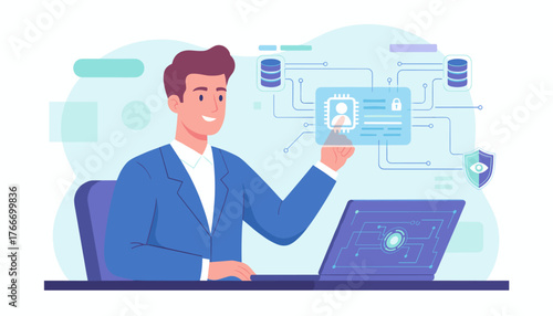 Digital Identification Concept: A smiling businessman in a blue suit interacts with a futuristic interface displaying personal data, security shields, and database icons, symbolizing secure online