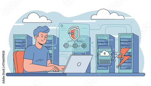 Disaster Recovery Concept: IT System Protection and Data Security in a Modern Data Center with Servers, Cloud Computing, and a Technician Monitoring the Network, Illustrating Cybersecurity and