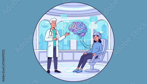 Doctor examining a holographic projection of a human brain, with a patient wearing a VR headset in a futuristic medical setting, showcasing advanced technology and neuroscience research for mental