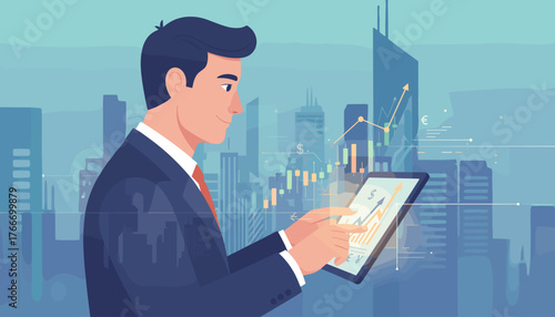 Dynamic double exposure illustration of a confident businessman in a suit analyzing financial charts and stock market data on a tablet, set against a backdrop of a modern city skyline, symbolizing